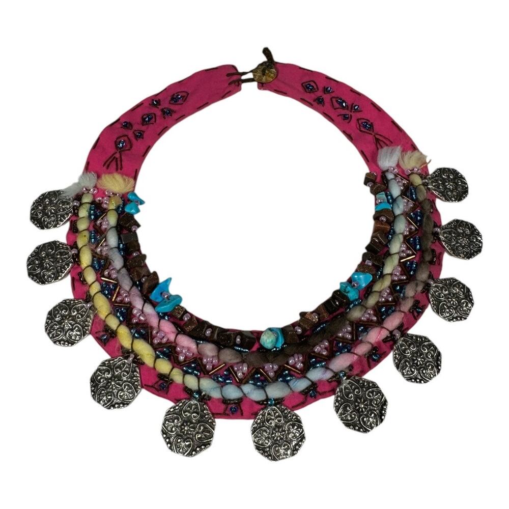 Boho Beaded Fabric Collar Necklace Embellished Coin Multicolor Pink Festival - Picture 7 of 7